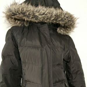 London Fog Dark Brown Puff Winter Coat Faux Fur Detachable Hood Down Parka